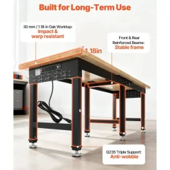 Industrial Work Bench with 6 Position Height Adjustment, 5000 lb Load Capacity, Oak Tabletop Workshop Desk with Tool Organizer