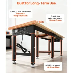 Industrial Work Bench with 6 Position Height Adjustment, 5000 lb Load Capacity, Oak Tabletop Workshop Desk with Tool Organizer