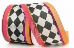 2.5in Harlequin & Linen Edge Ribbon: Hot Pink & Orange (10 Yards)