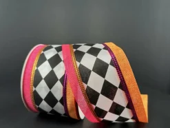 2.5in Harlequin & Linen Edge Ribbon: Hot Pink & Orange (10 Yards)
