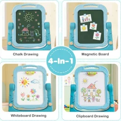 4-in-1 Kids Art Easel, Double-Sided Magnetic Chalkboard and Whiteboard with Art Table, 360° Swivel Drawing Board, Storage Trays, Ages 3+