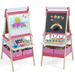 3-in-1 Kids Easel with Magnetic Chalkboard, Whiteboard, Paper Roll, Paint Cups, Storage Bins, Art Trays, Drawing and Writing Station