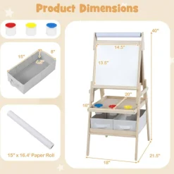 3-in-1 Kids Easel with Magnetic Chalkboard, Whiteboard, Paper Roll, Paint Cups, Storage Bins, Art Trays, Drawing and Writing Station