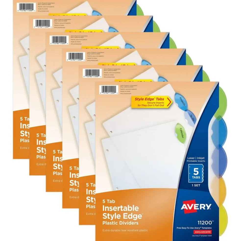 Insertable Style Edge™ Plastic Dividers, 5-Tab Set, Multicolor, 6 Sets