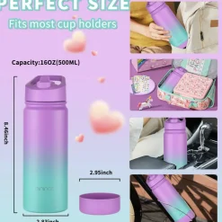 Insulated Water Bottle for School, 16oz Back to School Water Bottle with Straw Lid for Girls, Boys (Purple/Sky)