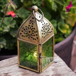 In the Breeze 9202 — Green Mini Square Tealight Lantern — Moroccan-Style Boho Chic Tealight Glass and Metal Tabletop Lantern