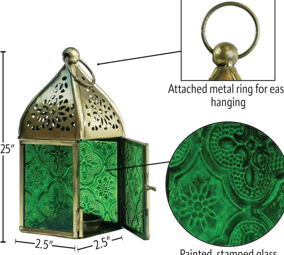 In the Breeze 9202 — Green Mini Square Tealight Lantern — Moroccan-Style Boho Chic Tealight Glass and Metal Tabletop Lantern