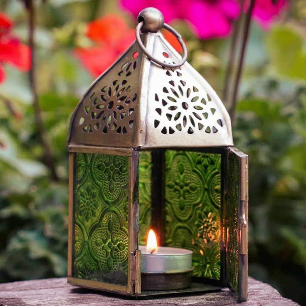 In the Breeze 9202 — Green Mini Square Tealight Lantern — Moroccan-Style Boho Chic Tealight Glass and Metal Tabletop Lantern
