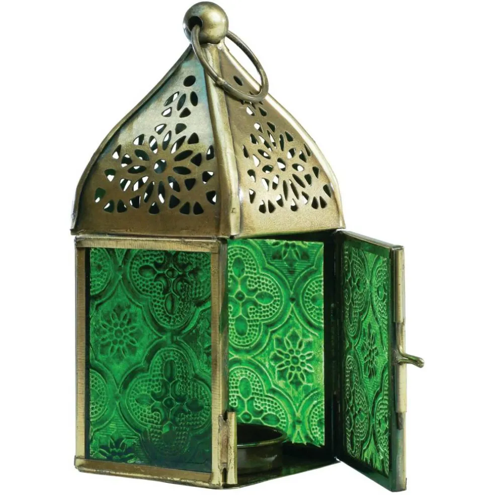 In the Breeze 9202 — Green Mini Square Tealight Lantern — Moroccan-Style Boho Chic Tealight Glass and Metal Tabletop Lantern