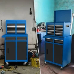 2-in-1 Tool Chest Cabinet with 5 Sliding Drawers and 4 Universal Wheels Perfect for Garage or Workshop