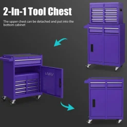 2-in-1 Tool Chest Cabinet with 5 Sliding Drawers and 4 Universal Wheels Perfect for Garage or Workshop