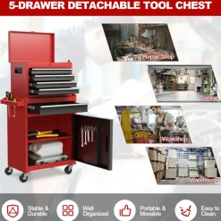 2-in-1 Tool Chest Cabinet with 5 Sliding Drawers and 4 Universal Wheels Perfect for Garage or Workshop