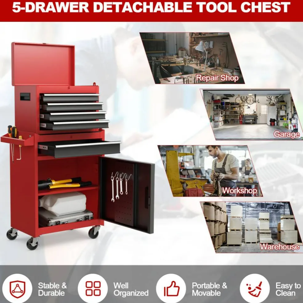 2-in-1 Tool Chest Cabinet with 5 Sliding Drawers and 4 Universal Wheels Perfect for Garage or Workshop