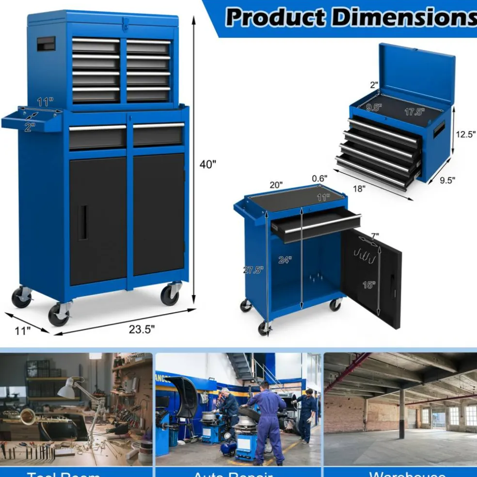 2-in-1 Tool Chest Cabinet with 5 Sliding Drawers and 4 Universal Wheels Perfect for Garage or Workshop