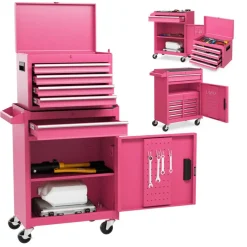 2-in-1 Tool Chest Cabinet with 5 Sliding Drawers and 4 Universal Wheels Perfect for Garage or Workshop