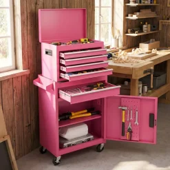 2-in-1 Tool Chest Cabinet with 5 Sliding Drawers and 4 Universal Wheels Perfect for Garage or Workshop