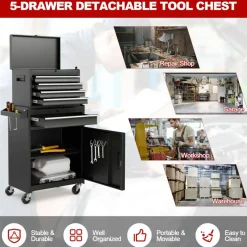 2-in-1 Tool Chest Cabinet with 5 Sliding Drawers and 4 Universal Wheels Perfect for Garage or Workshop
