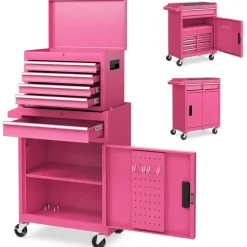 2-in-1 Tool Chest Cabinet with 5 Sliding Drawers and 4 Universal Wheels Perfect for Garage or Workshop
