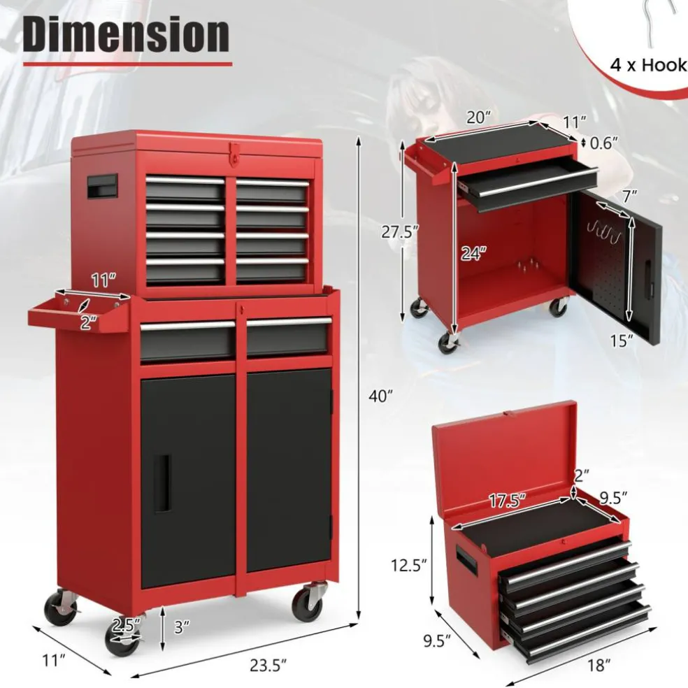 2-in-1 Tool Chest Cabinet with 5 Sliding Drawers and 4 Universal Wheels Perfect for Garage or Workshop