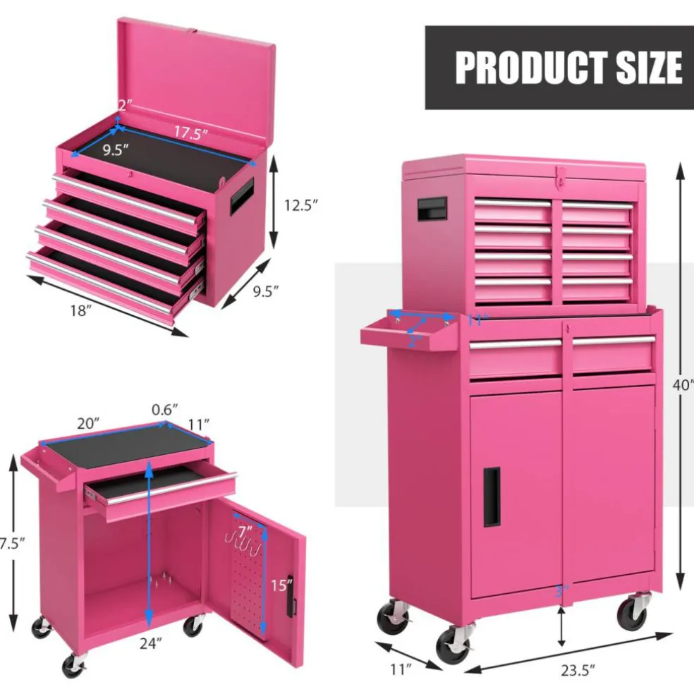 2-in-1 Tool Chest Cabinet with 5 Sliding Drawers and 4 Universal Wheels Perfect for Garage or Workshop