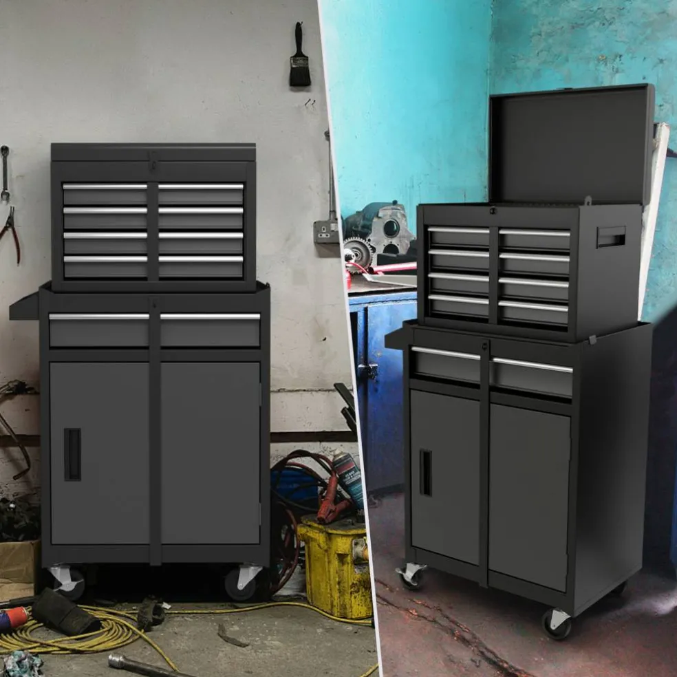 2-in-1 Tool Chest Cabinet with 5 Sliding Drawers and 4 Universal Wheels Perfect for Garage or Workshop