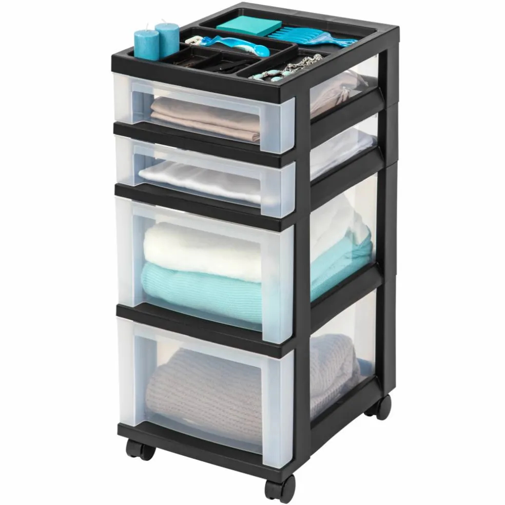 Iris® Black 4-Drawer Storage Cart with Organizer Top