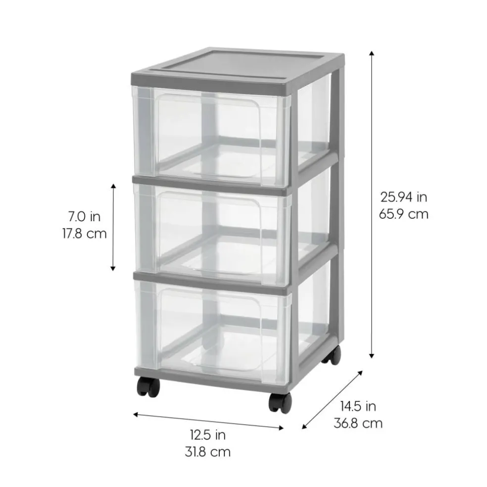 Iris® 3-Drawer Narrow Plastic Storage Drawer, Gray, Set of 2