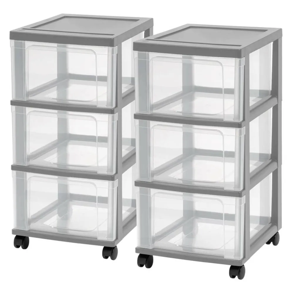 Iris® 3-Drawer Narrow Plastic Storage Drawer, Gray, Set of 2