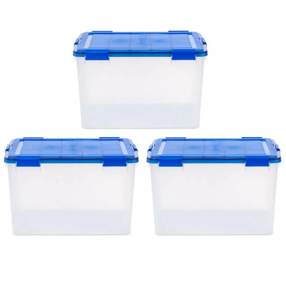 IRIS Element Resistant Clear Plastic Storage Boxes with Blue Lid