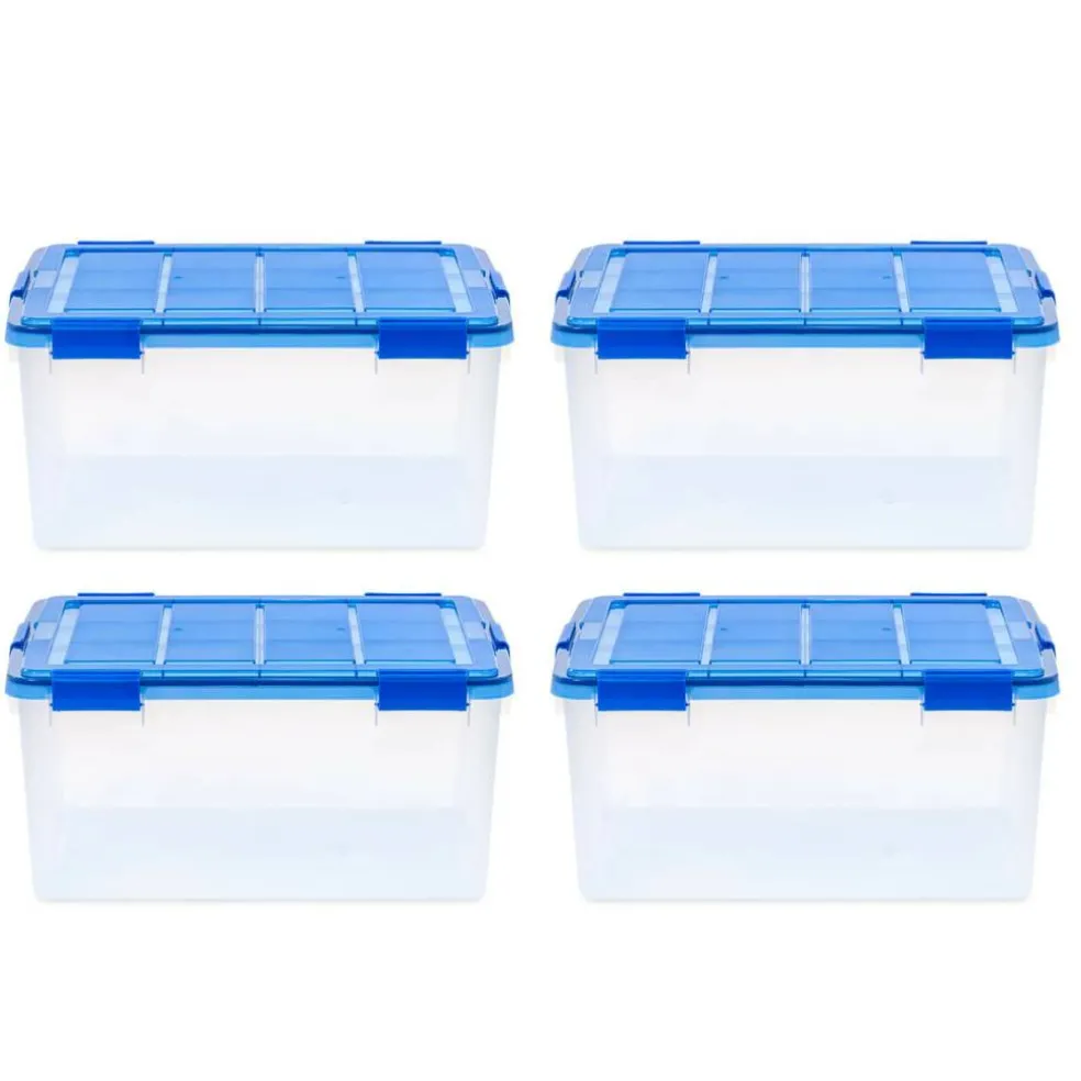 IRIS 15gal. Clear Plastic Storage Boxes with Blue Lid, 4ct.