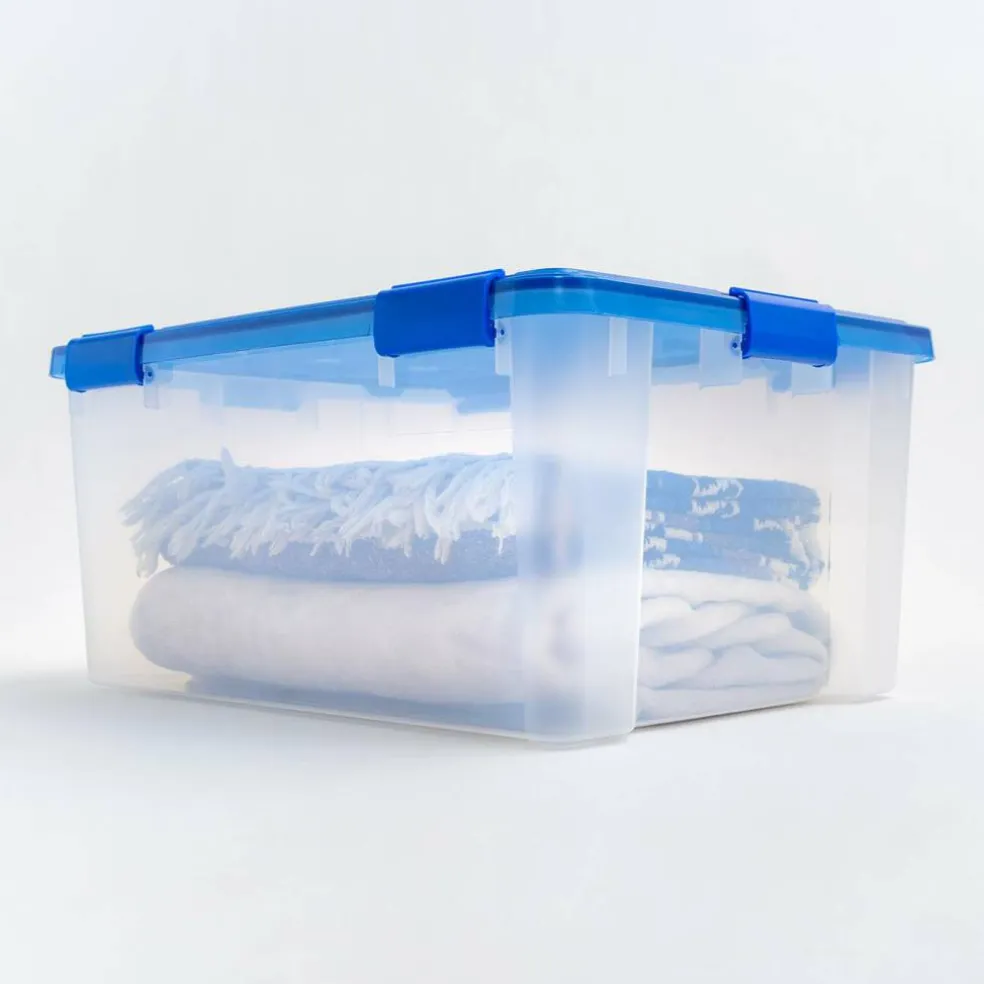 IRIS 15gal. Clear Plastic Storage Boxes with Blue Lid, 4ct.