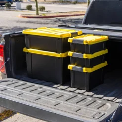 IRISĀ® 21.9qt. Black Store-It-All Utility Totes with Yellow Buckle Lids, 4ct.