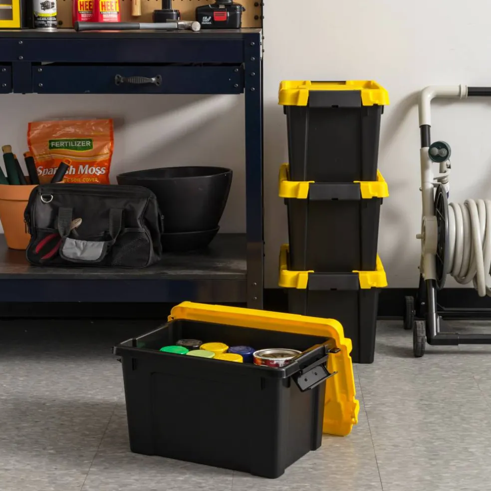 IRIS® 21.9qt. Black Store-It-All Utility Totes with Yellow Buckle Lids, 4ct.