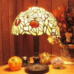 Iris Sunflower Genuine Stained Glass Lamp with Satin Bronze Finish Base - Perfect for a Living Room, Bedroom, Office, & More