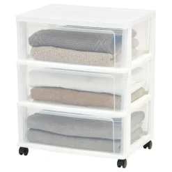 IRIS USA 3 Drawer Wide Storage Drawer Cart with Caster Wheels, Plastic Rolling Dresser for Home Closet Bedroom Bathroom Office Laundry Kitchen Craft Room Nursery and School Dorm, White/Clear
