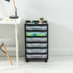 IRIS USA 6 Drawer 12" x 12" Scrapbook Rolling Storage Cart with Organizer Top and 6 Clear Cases, Black/White