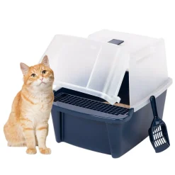 IRIS USA Large Enclosed Hooded Litter Box with Front Door and Scoop, Navy