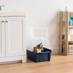 IRIS USA Large Enclosed Hooded Litter Box with Front Door and Scoop, Navy