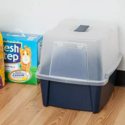 IRIS USA Large Enclosed Hooded Litter Box with Front Door and Scoop, Navy