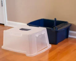 IRIS USA Large Enclosed Hooded Litter Box with Front Door and Scoop, Navy