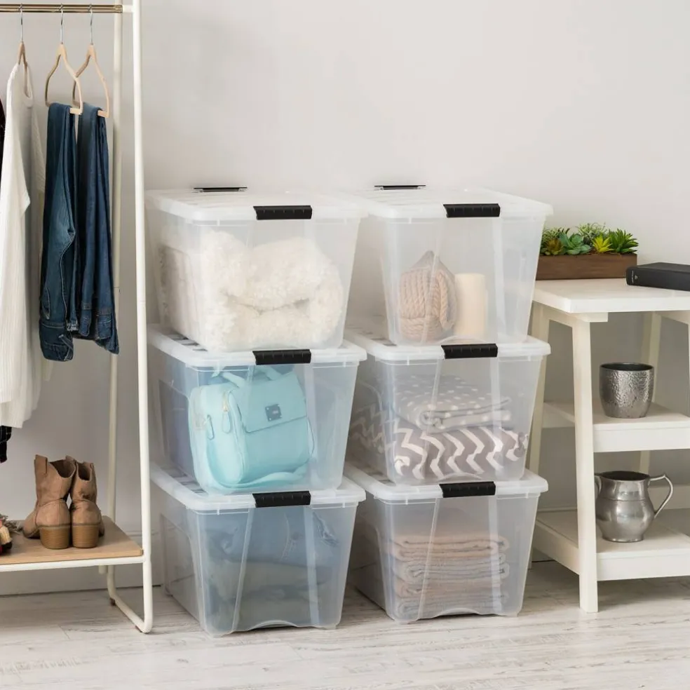 IRIS USA 53qt Plastic Storage Bin with Lid and Secure Latching Buckles, Clear