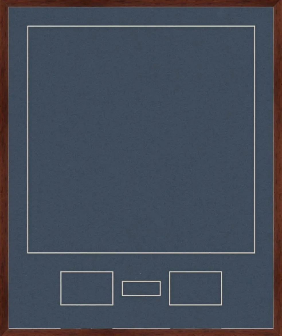 Jersey Shadowbox 30x36 With Nameplate-Photo Openings - Rich Walnut Frame Navy Blue-White Mat