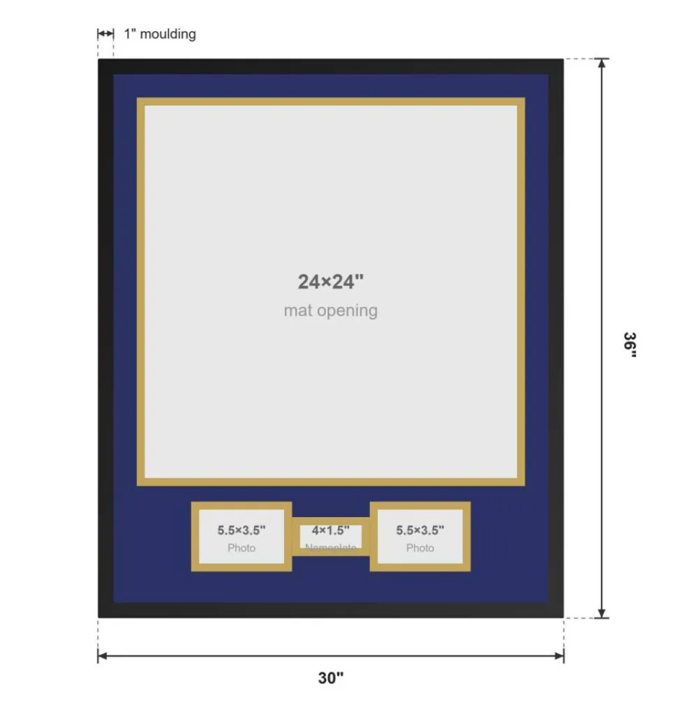 Jersey Shadowbox 30x36 With Nameplate-Photo Openings - Rich Walnut Frame Navy Blue-White Mat