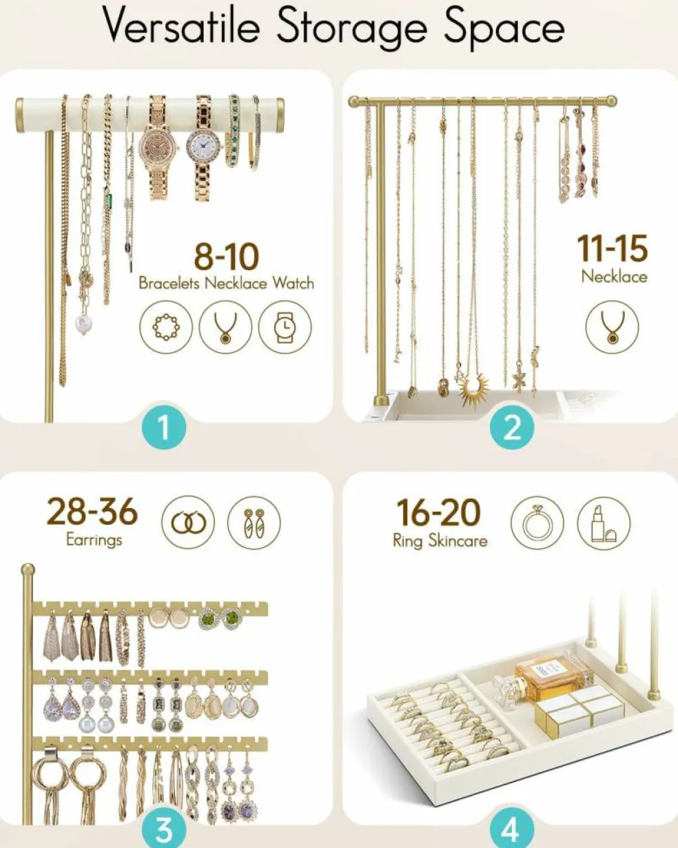 Jewelry Stand Organizer – Cloud White Holder with Ring Tray, Necklace Bracket, and Earring Display