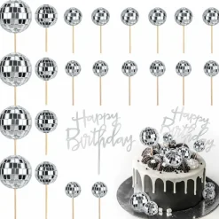 JOERSH 23pcs Disco Ball Cupcake Toppers Happy Birthday Cake Topper - 1970s Disco Ball Cake Picks Disco Theme Cake Decorations for Disco Theme Party 70s Disco Party Favor