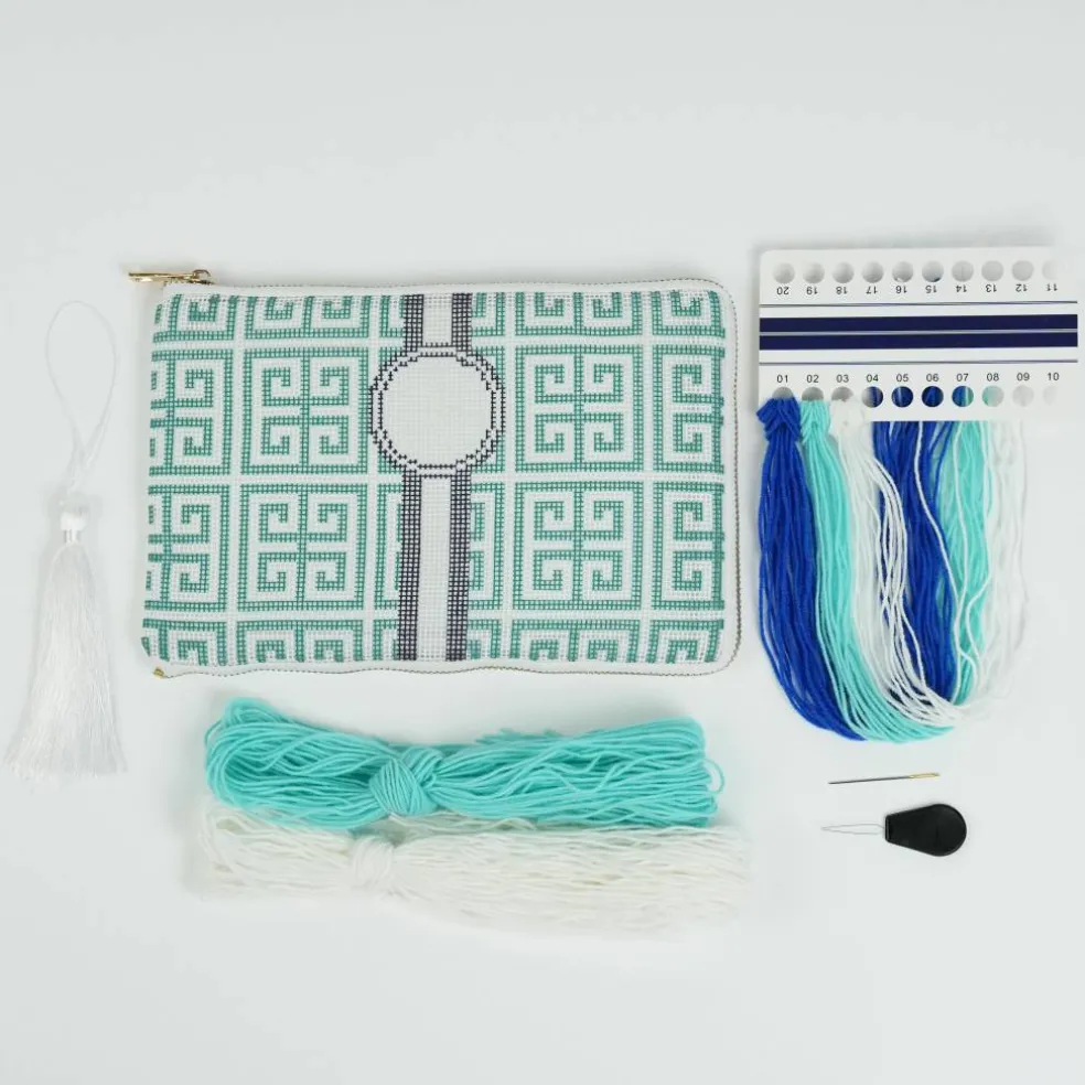 Jonathan Adler x Michaels Blue & White Greek Key Monogram Needlepoint Clutch Kit