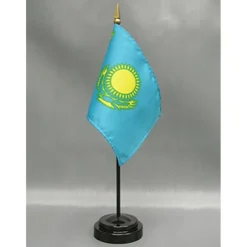 Kazakhstan Desk Flag with Base; American Made Rayon 4x6 inch Miniature Table Set Includes One Small Mini Country Stick Flags and One Black Stand