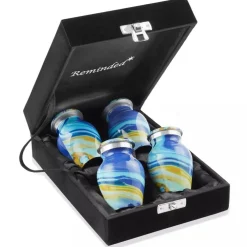 Keepsake Set of 4 Cremation Urns for Human Ashes, Blue Swirl with Velvet Case