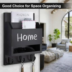 Key and Mail Holder for Wall, Key Holder with Chalkboard and Long Storage Box, Key Hanger with 3 Sturdy Hooks for Coat, Dog Leash, Entryway Mail Organizer (Black)