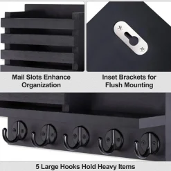 Key Holder for Wall – Decorative Wooden Mail Holder and Key Shelf with Mounting Hardware, Installation Guide – Paulownia Wood with 5 Metal Key Hooks (11.8” x 6.7” x 2.8”)